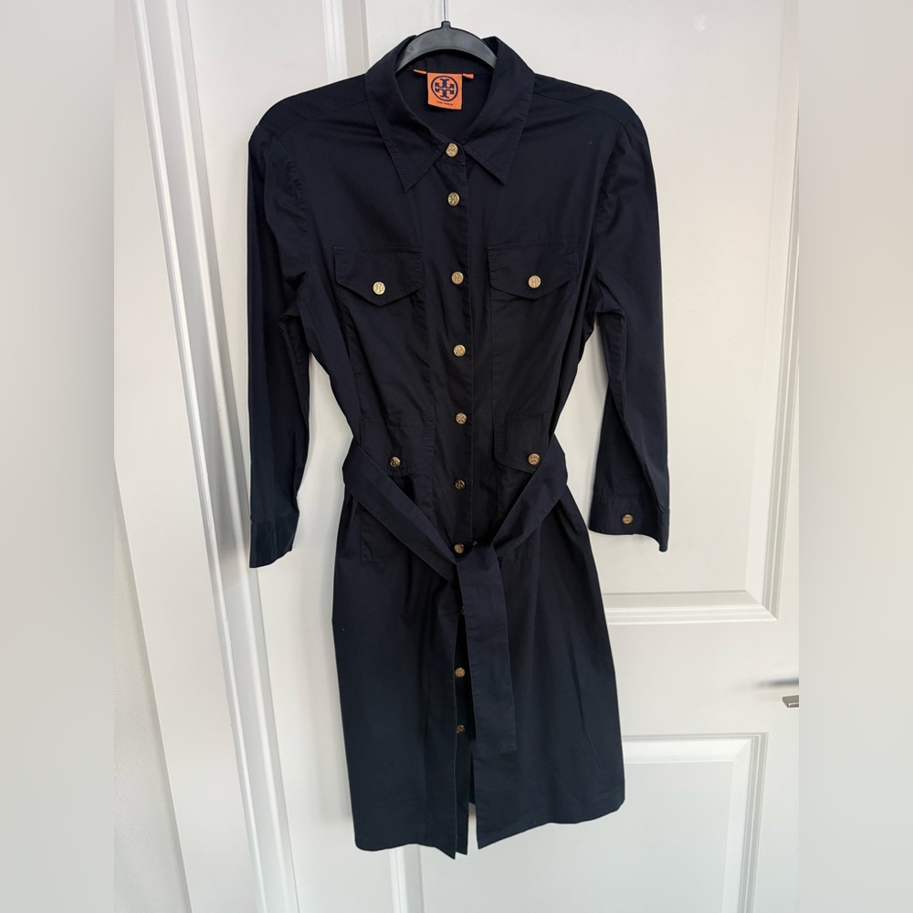 Tory Burch Navy Tie Dress with Gold Buttons - Picture 2 of 4